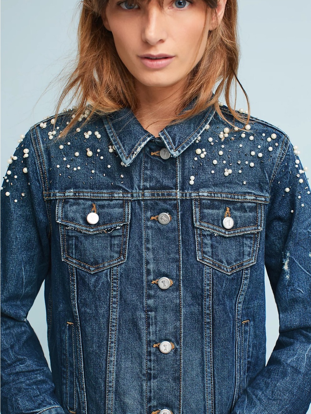 Anthropologie Donovan Pearled Denim Trucker Jacket